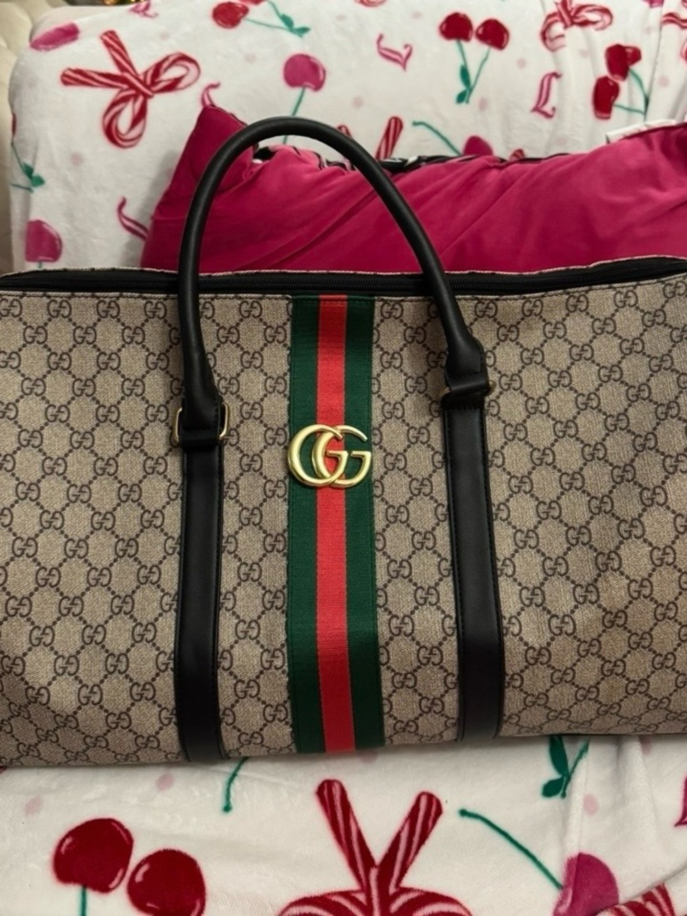 Gucci Beige GG Supreme Travel bag Green and Red Web Stripe